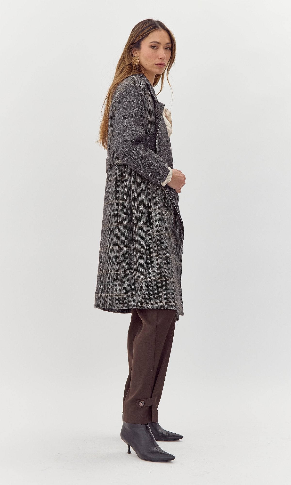 Shia Herringbone Belted Trench Coat