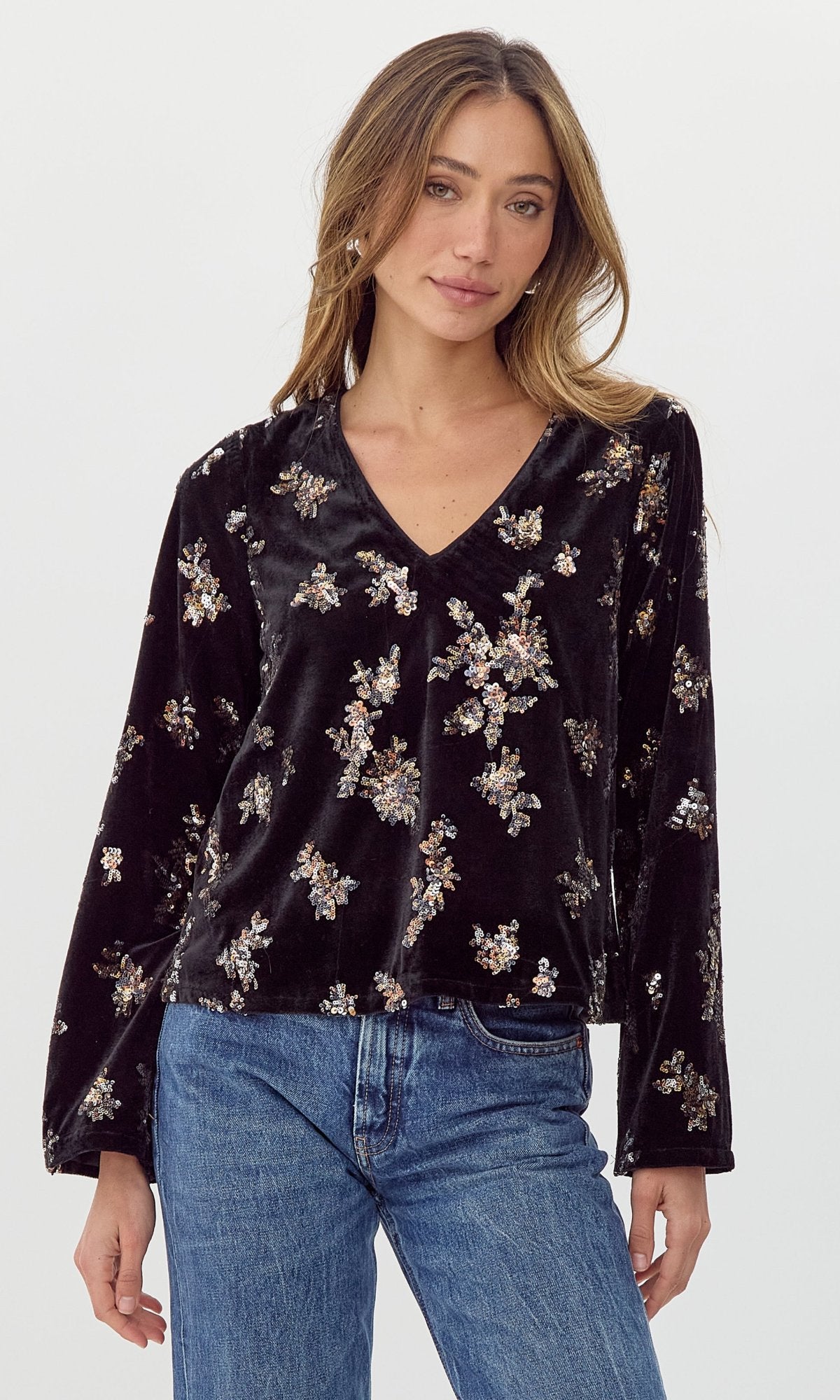 Lendi Sequined Velvet Blouse w/Tie Back
