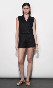 Haisley Linen Lapel Black Vest With Elastic Hem