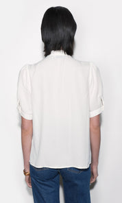 Fatima Pleated Tie Neck Short Sleeve Blouse