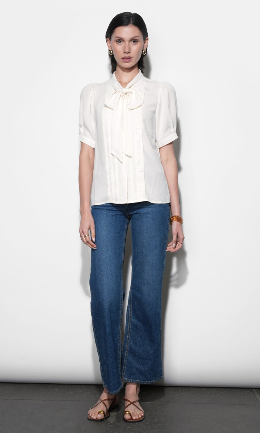 Fatima Pleated Tie Neck Short Sleeve Blouse