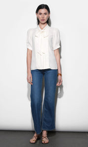 Fatima Pleated Tie Neck Short Sleeve Blouse