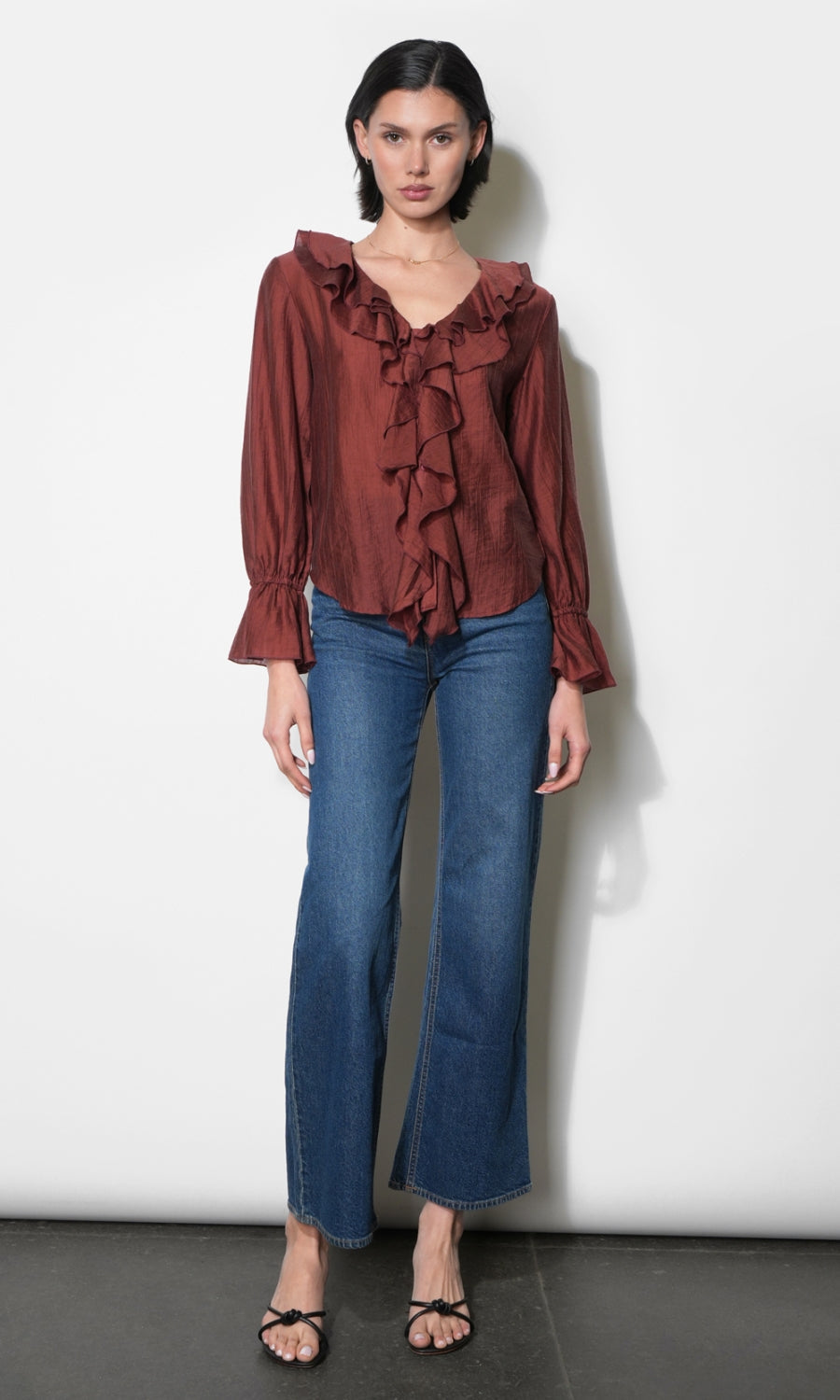 Gemma Cascading Ruffle Button Front Long Sleeve Top