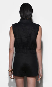 Haisley Linen Lapel Black Vest With Elastic Hem