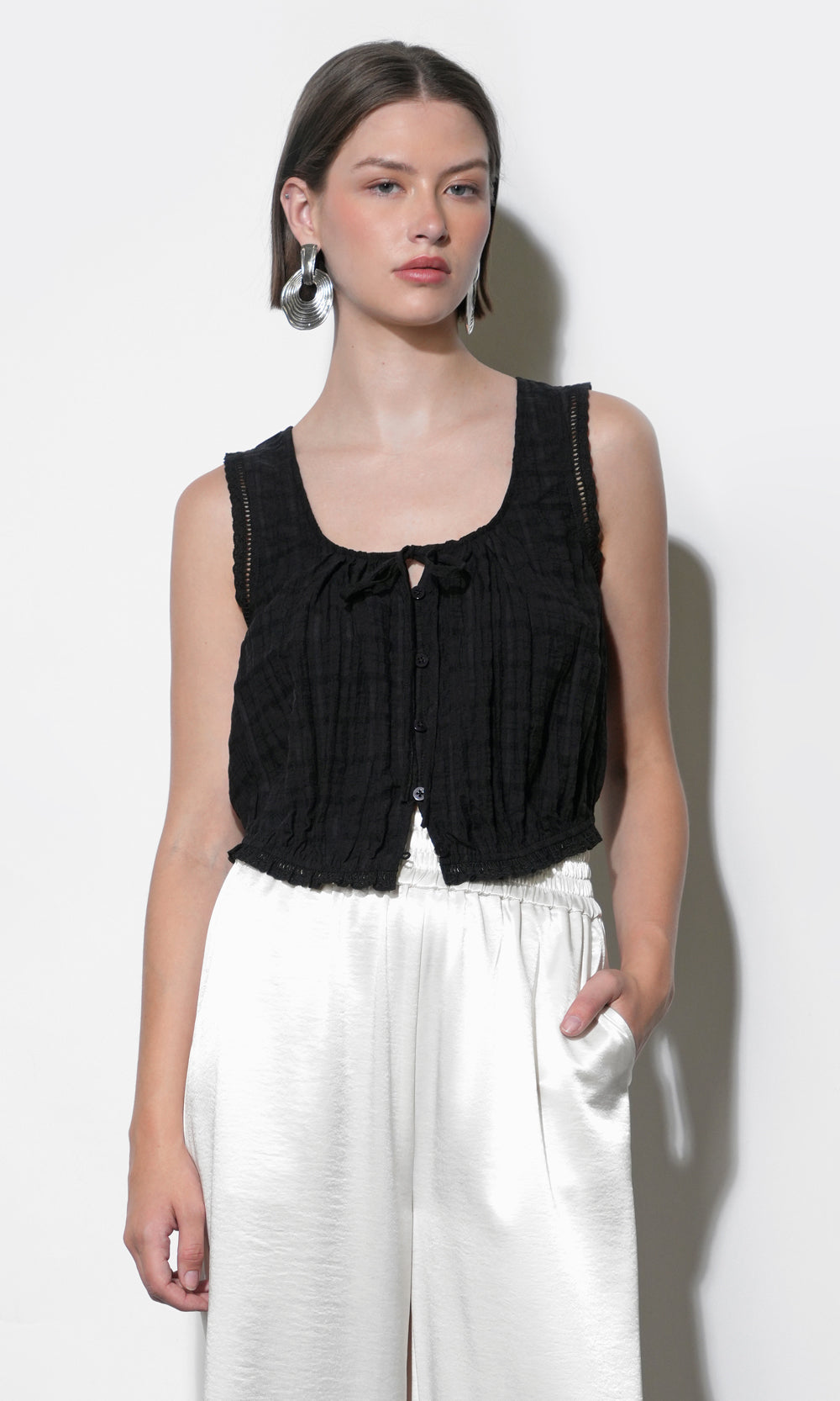 Clara Textured Eyelet Detail Bubble Hem Black Top