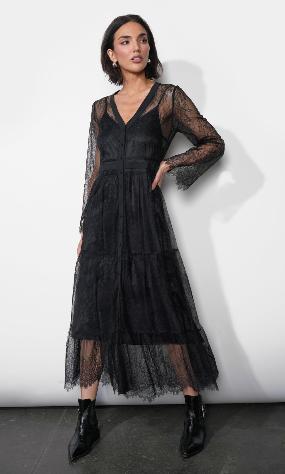 Emma Button Up Lace Tiered Maxi Dress