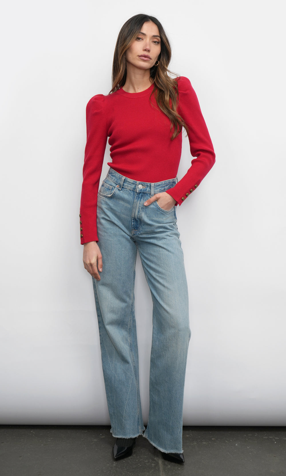 Dani Button Puff Sleeve Ribbed Knit Top