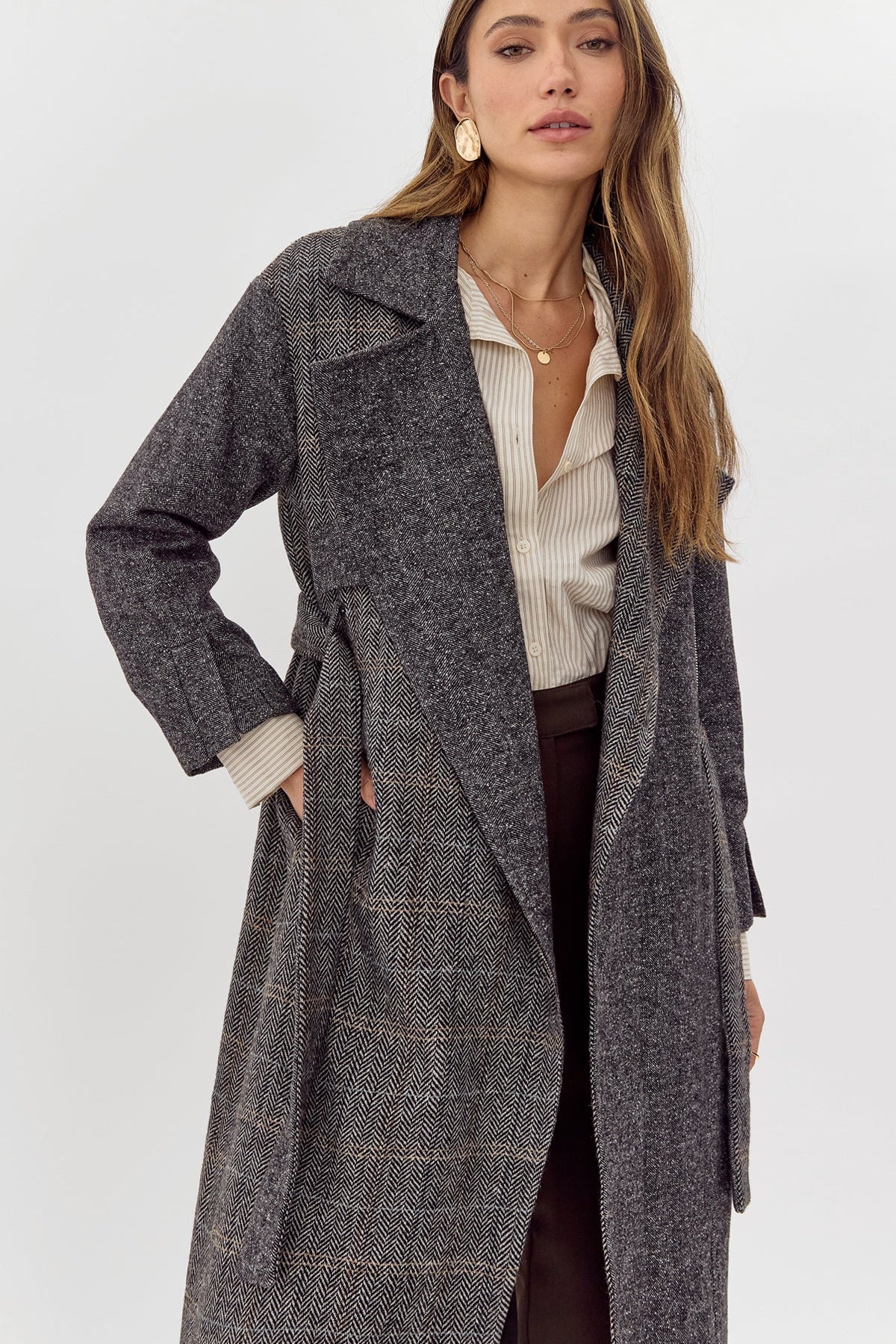 Shia Herringbone Belted Trench Coat