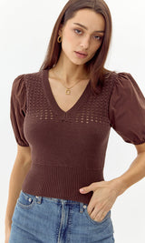 Paulina Knit Poplin Puff Sleeve Top