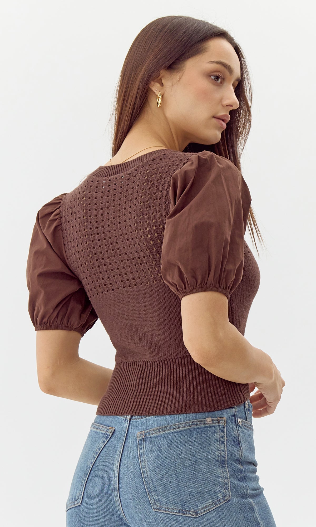 Paulina Knit Poplin Puff Sleeve Top
