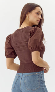 Paulina Knit Poplin Puff Sleeve Top