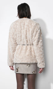 Yuri Collarless Faux Fur Jacket W/ Tie Belt