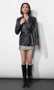 Ava Tie Front Faux Leather Blazer