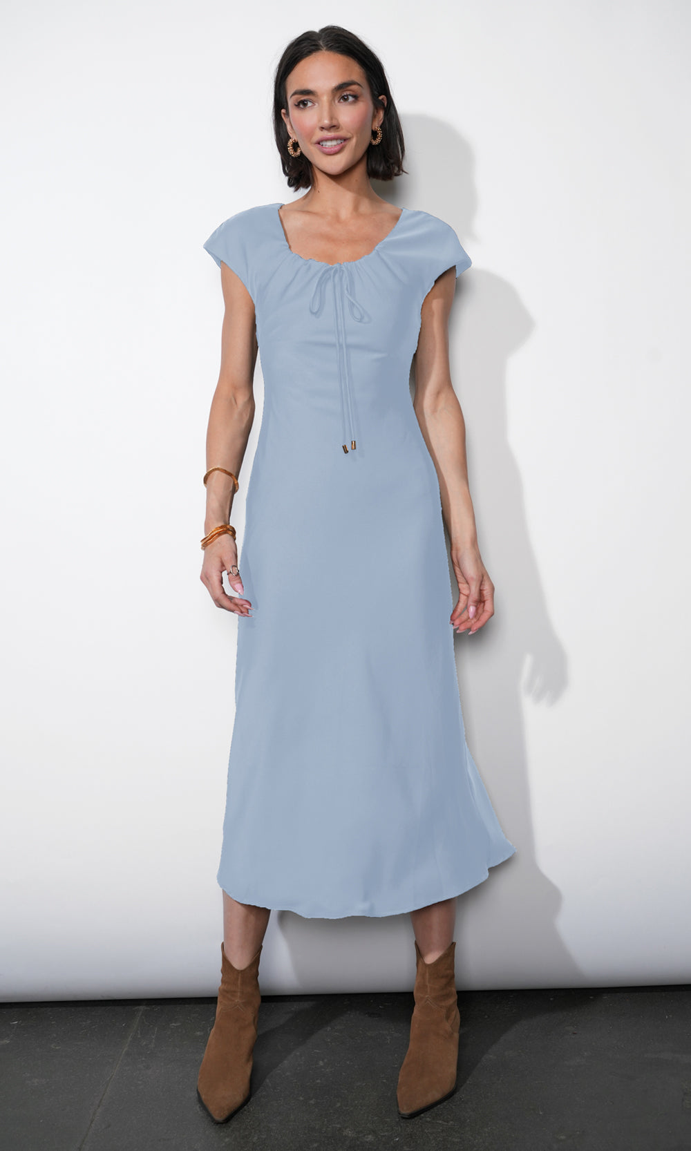 Inez Neck Drawstring Satin Midi Dress