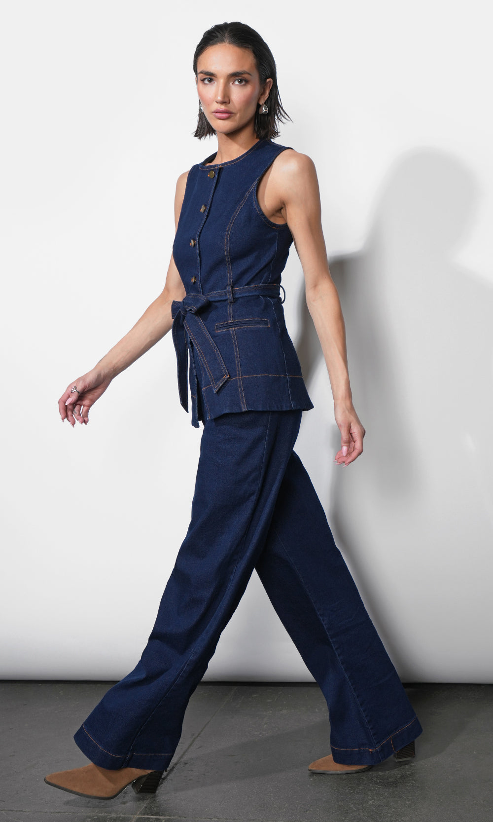 Clarence Button Up Denim Vest w/ Belt