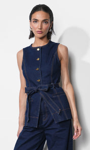 Clarence Button Up Denim Vest w/ Belt