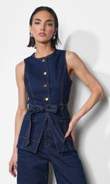 Clarence Button Up Denim Vest w/ Belt