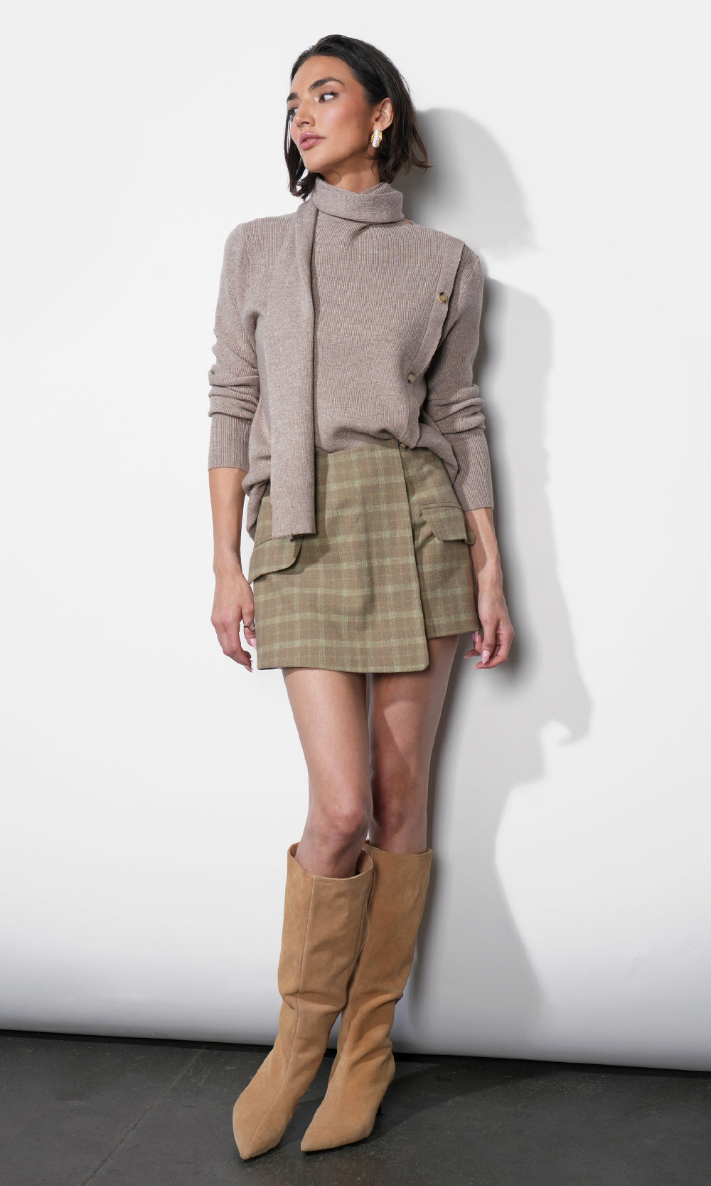 Acacia Scarf Neck Asymmetric Button Up Sweater