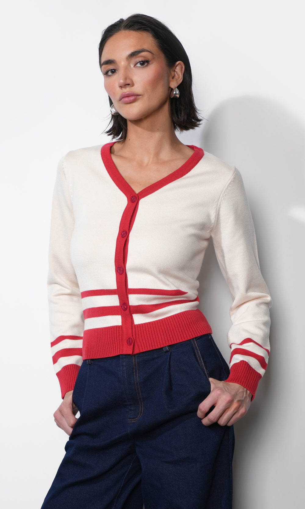 Piper Plunge Neck Stripe Button Front Knit Top