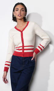 Piper Plunge Neck Stripe Button Front Knit Top