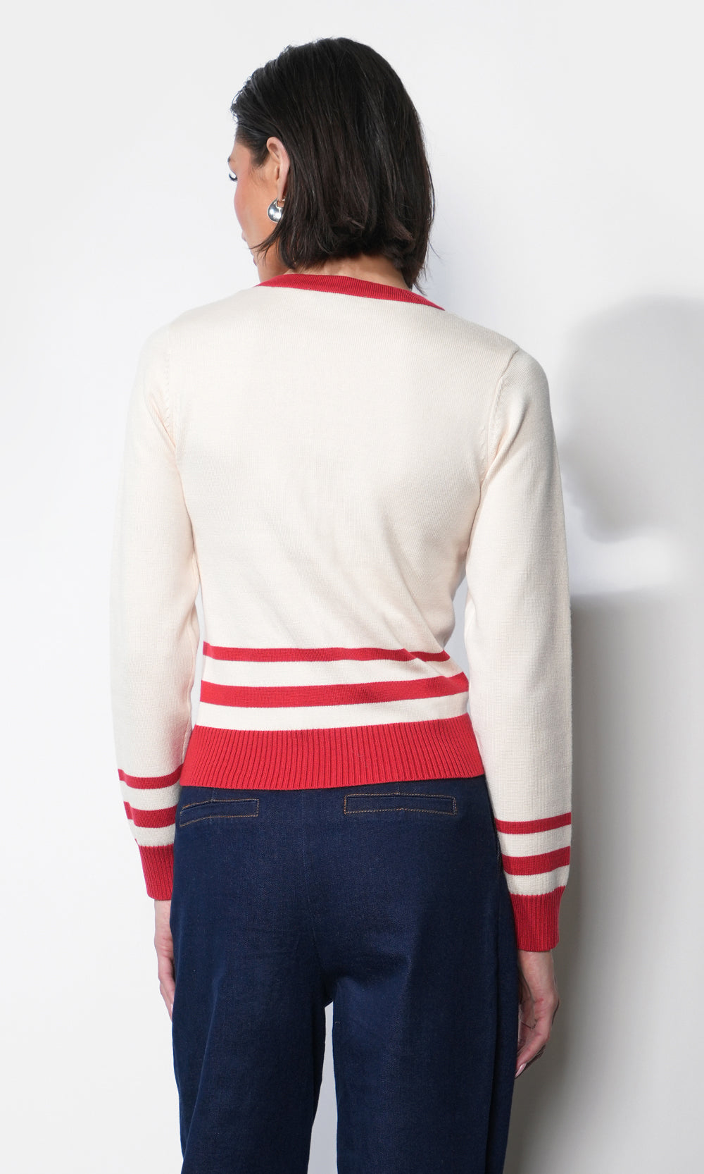 Piper Plunge Neck Stripe Button Front Knit Top