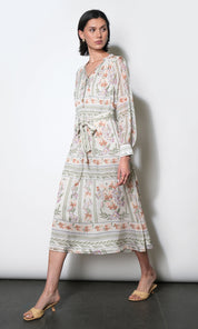 Reese Flowy Scarf Print Midi Dress w/Tie Belt