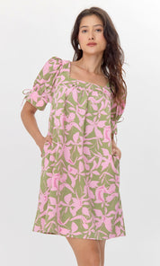 Vienna Print Square Neck Mini Dress with Tie Sleeve
