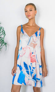 Angelique Watercolor Print Knot Shoulder Slip Mini Dress