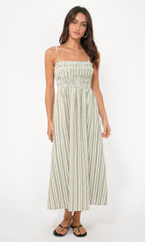 Lanis Stripe Smocking Removable Strap Midi Dress
