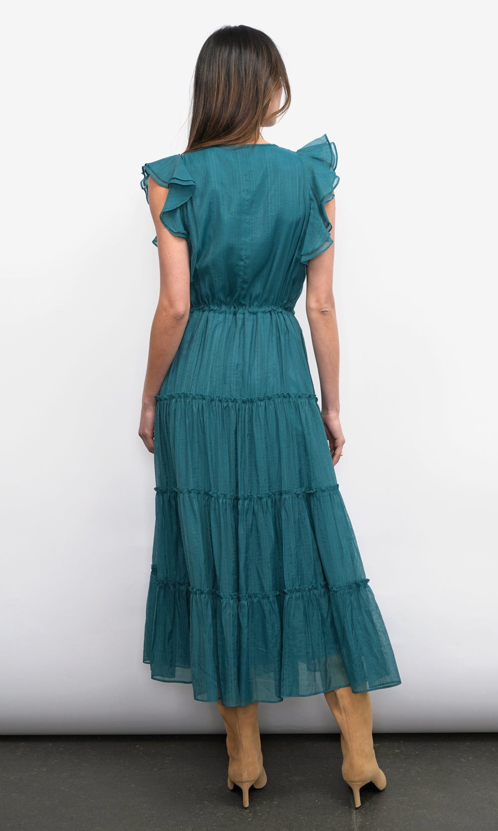 Yvonne Textured Flutter Sleeve Tiered Midi Dress w/ Drawstring