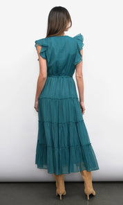 Yvonne Textured Flutter Sleeve Tiered Midi Dress w/ Drawstring