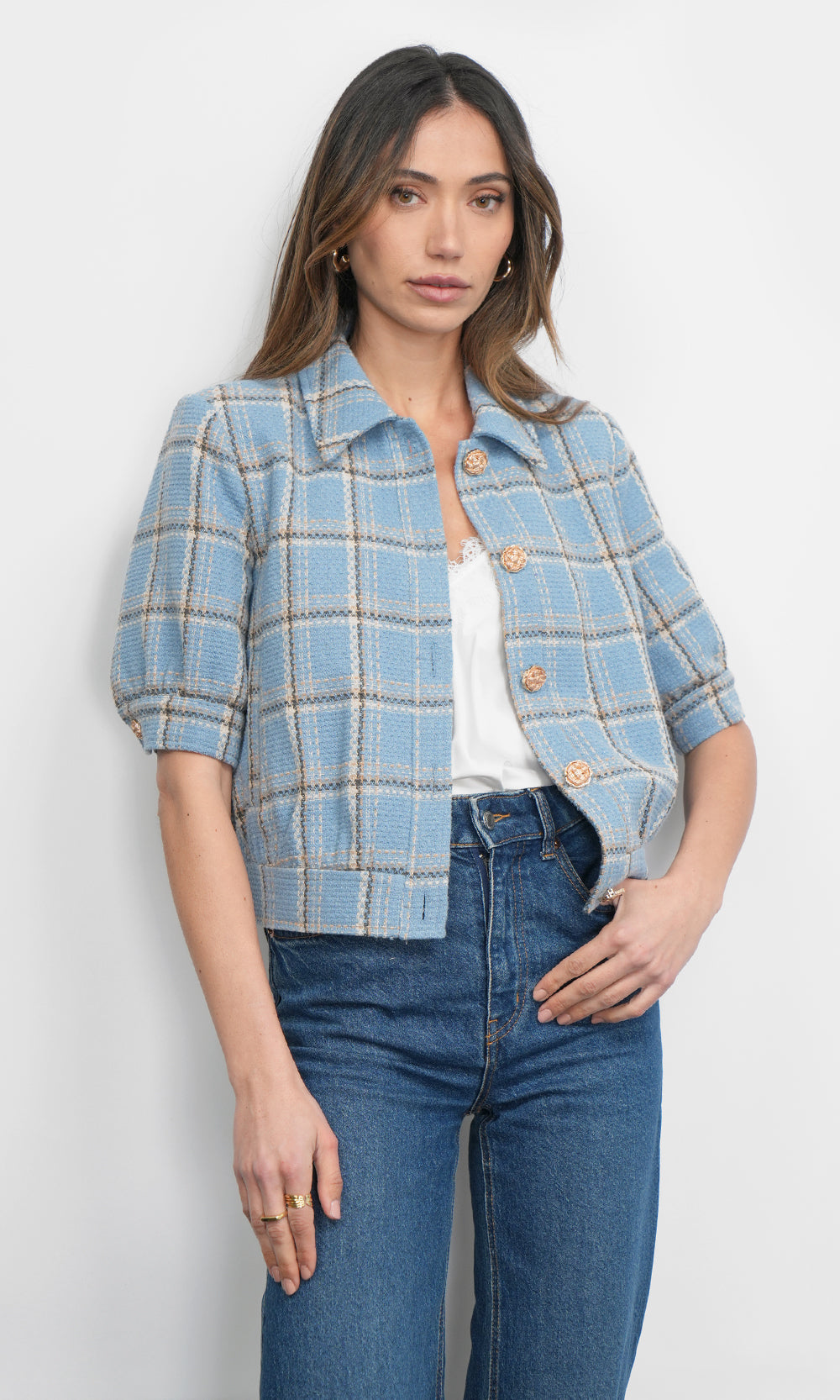 Joanne Short Sleeve Tweed Plaid Jacket