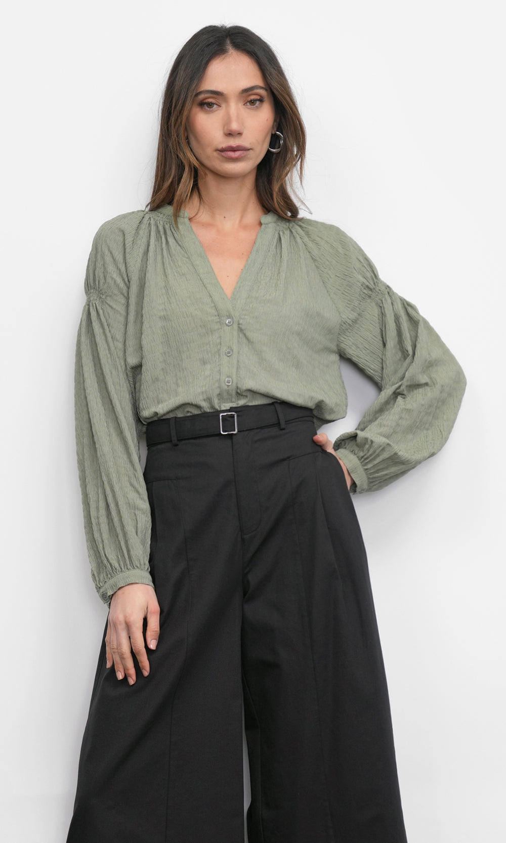 Phoebe Textured Button Up Shirt With Smock Detail