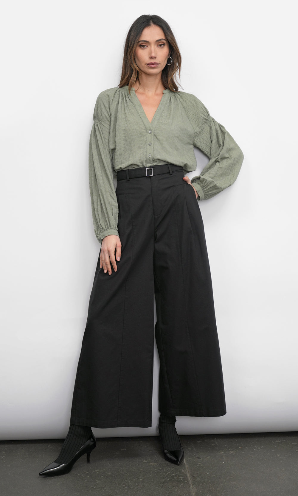 Phoebe Textured Button Up Shirt With Smock Detail