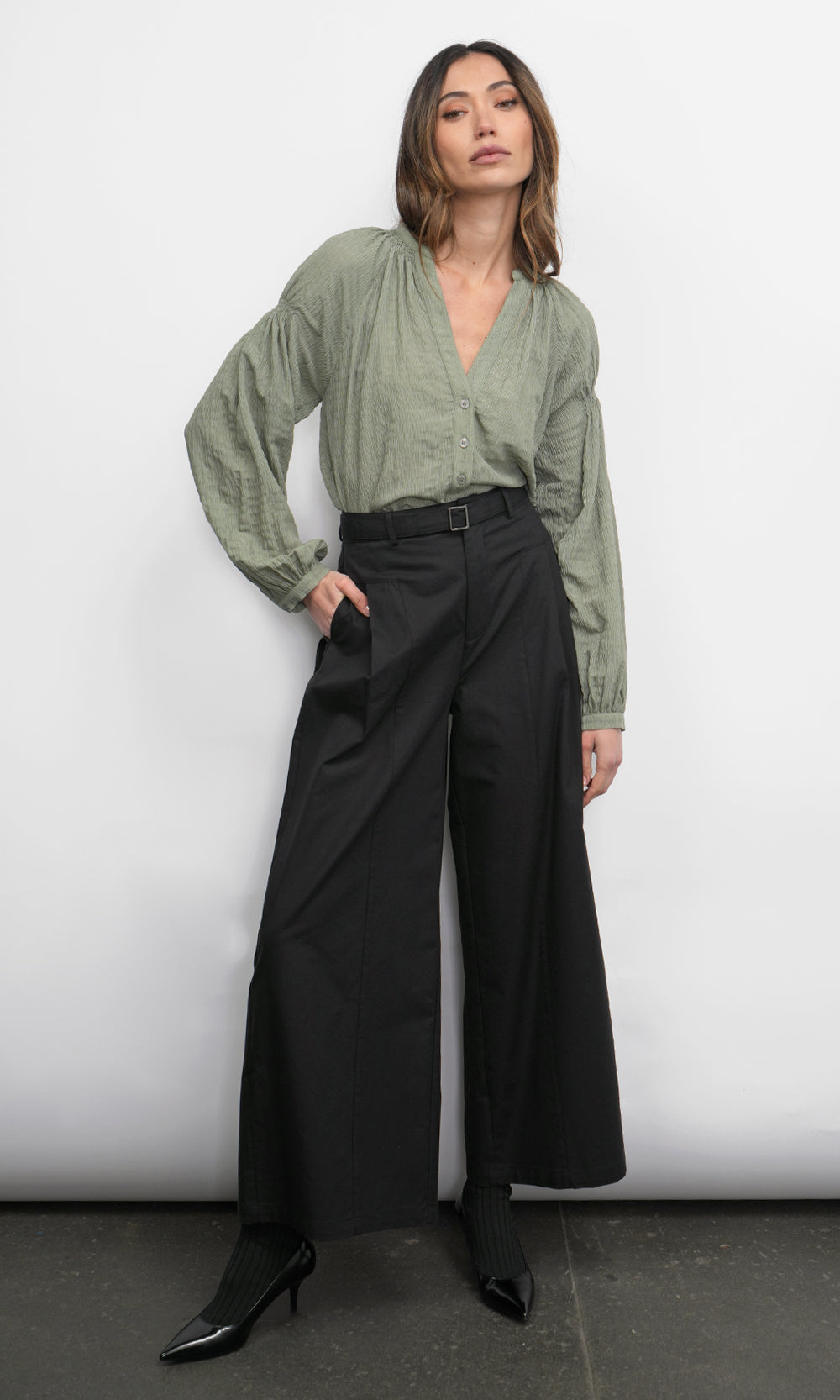 Phoebe Textured Button Up Shirt With Smock Detail