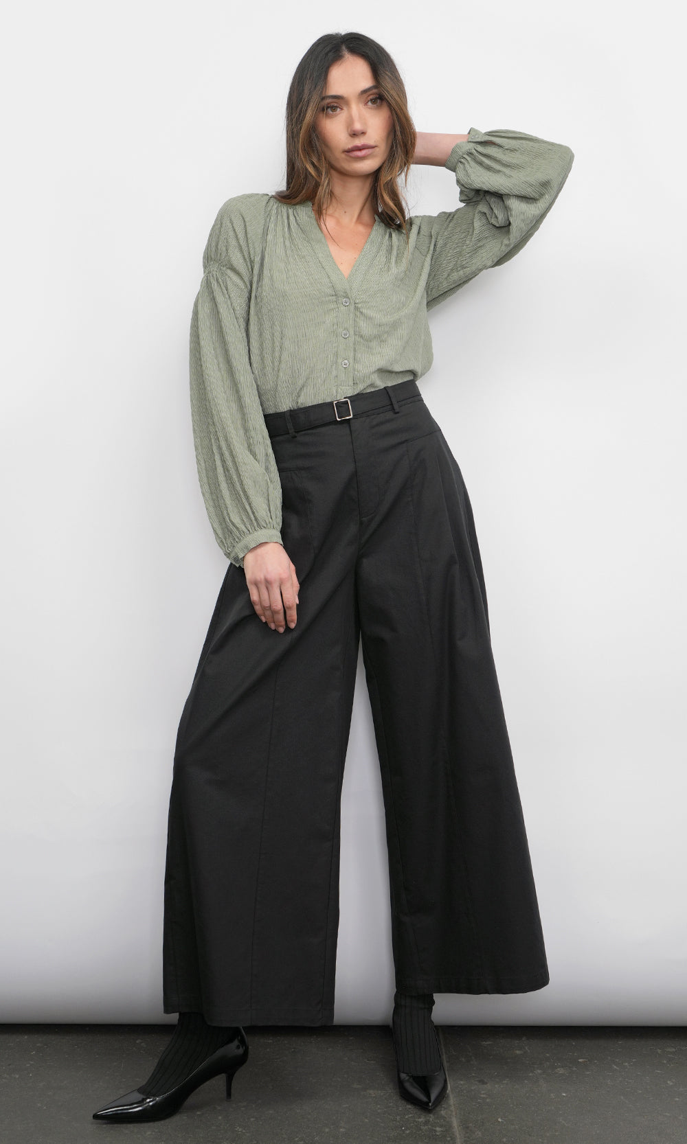 Phoebe Textured Button Up Shirt With Smock Detail