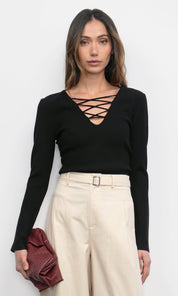 Maxwell Lace Up V-Neck Black Knit Top