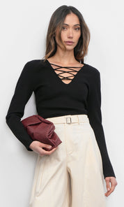 Maxwell Lace Up V-Neck Black Knit Top