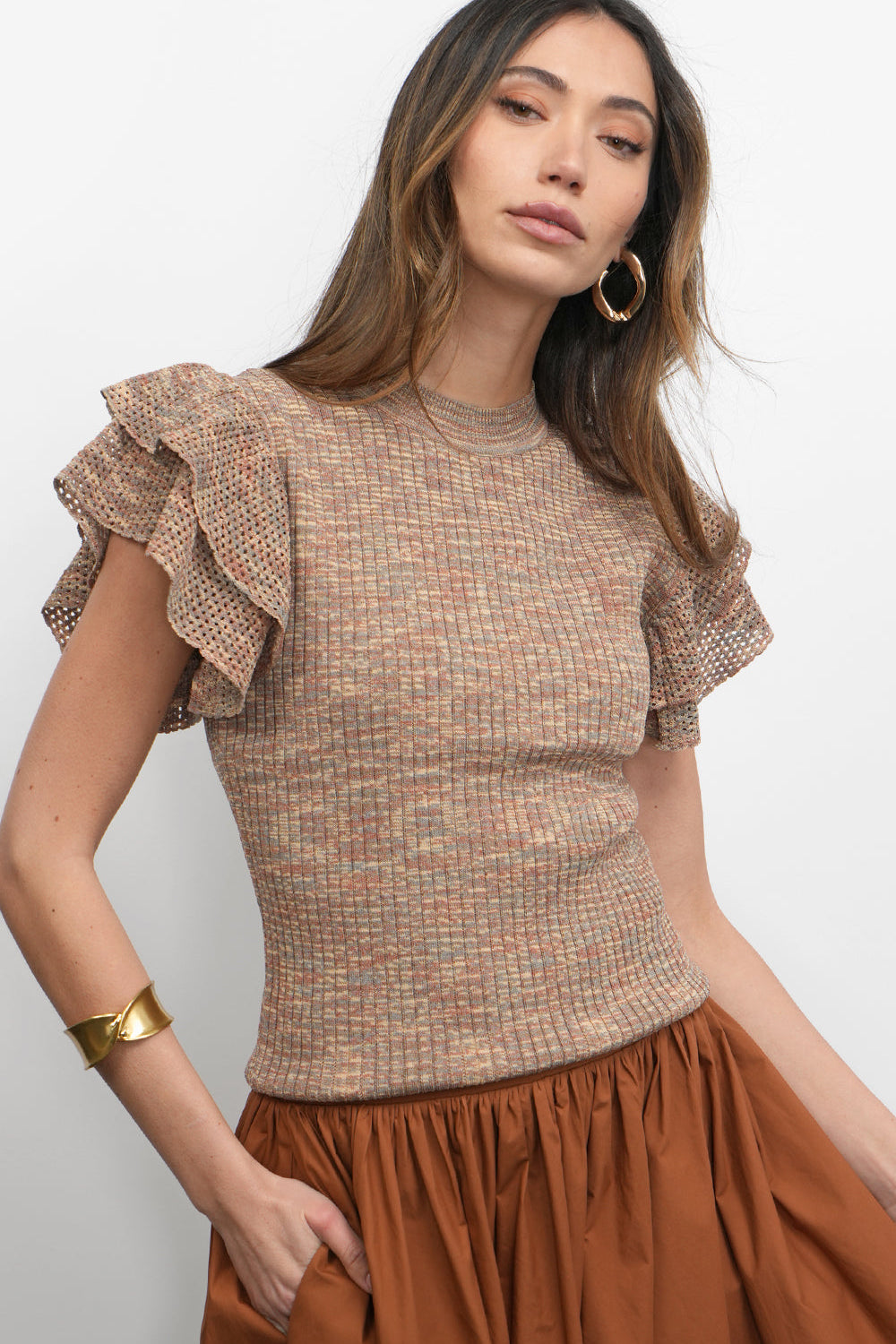 Rowe Crewneck Flutter Sleeve Knit Top
