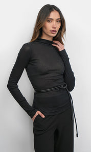 Astra High Neck Long Sleeve Sheer Knit Top