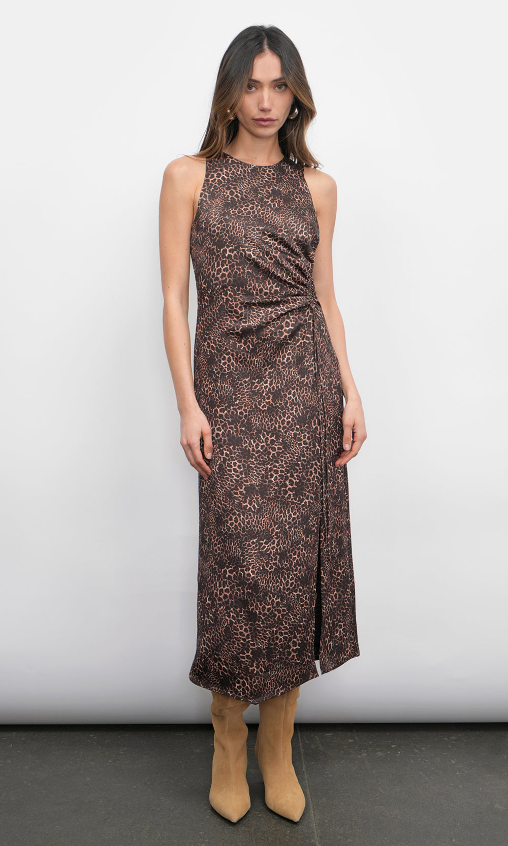 Marli Ruched Tie Front Midi Dress