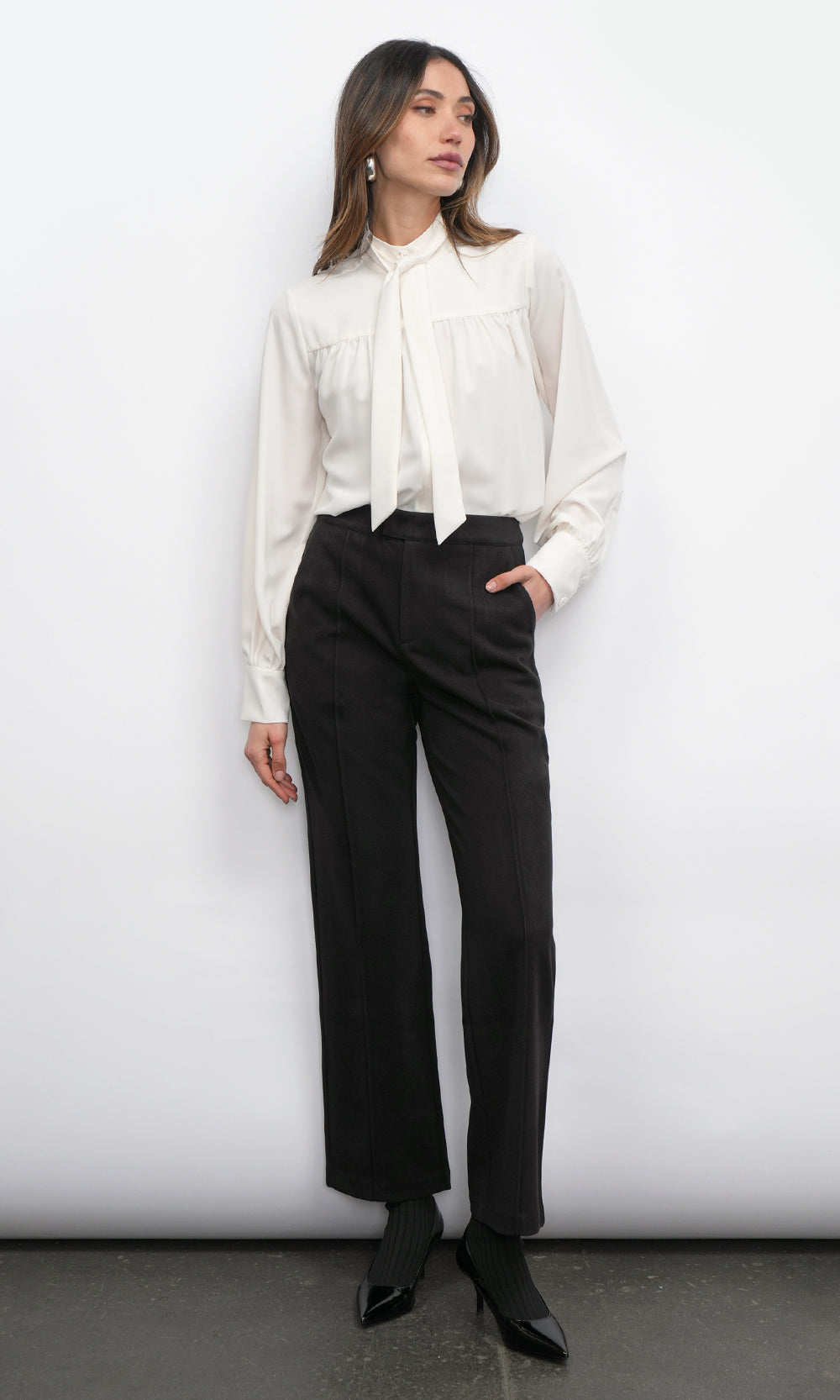 Cameron Button Up Neck Tie Blouse