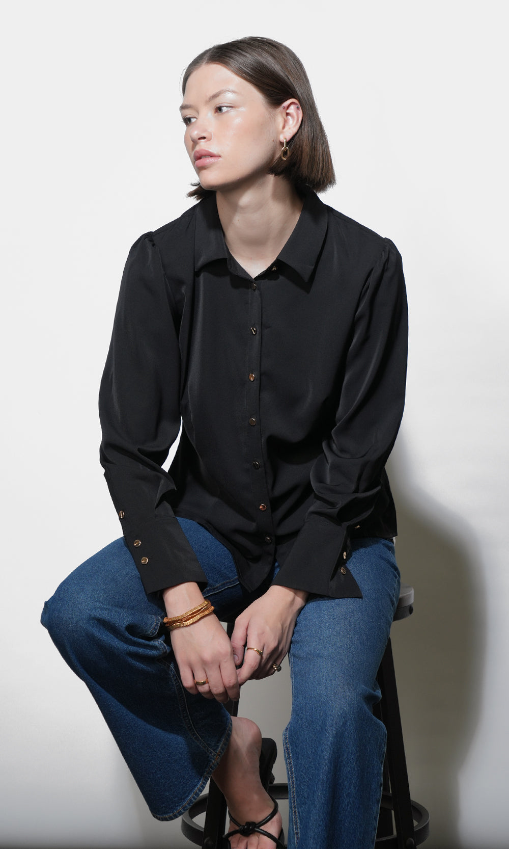 Naomi Bell Cuff Slim Blouse W/ Gold Buttons