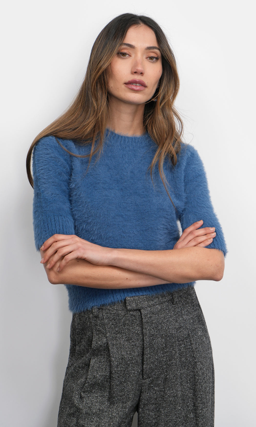 Odette Fuzzy Elbow Sleeve Knit Top