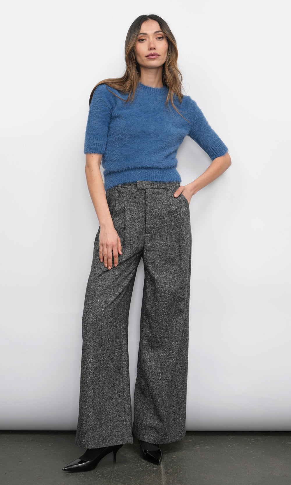 Odette Fuzzy Elbow Sleeve Knit Top