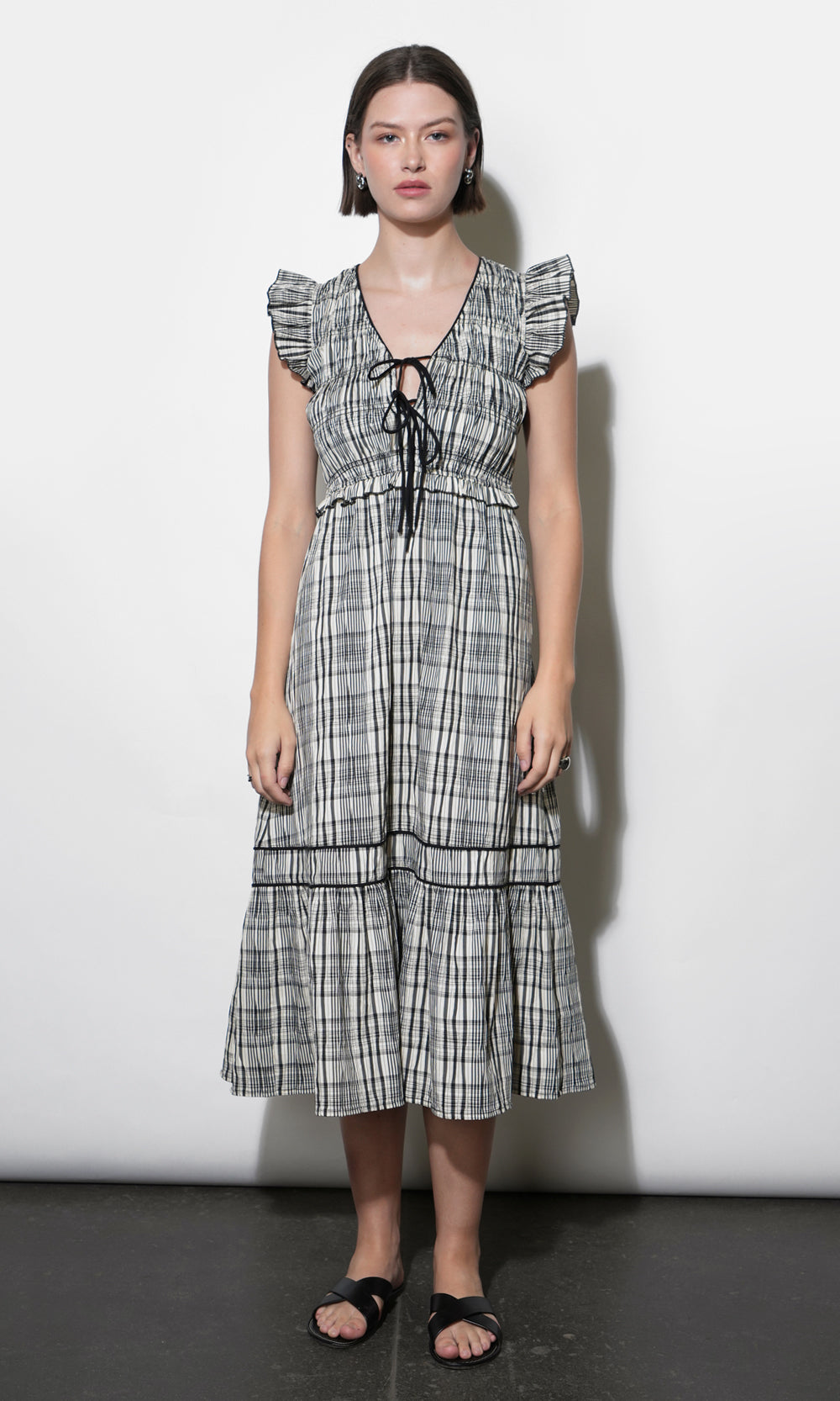 Lacey Smocked Tie Front Plaid Midi