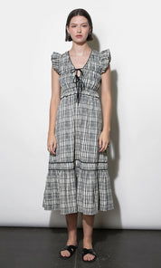 Lacey Smocked Tie Front Plaid Midi
