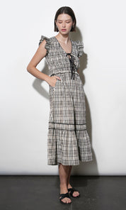 Lacey Smocked Tie Front Plaid Midi
