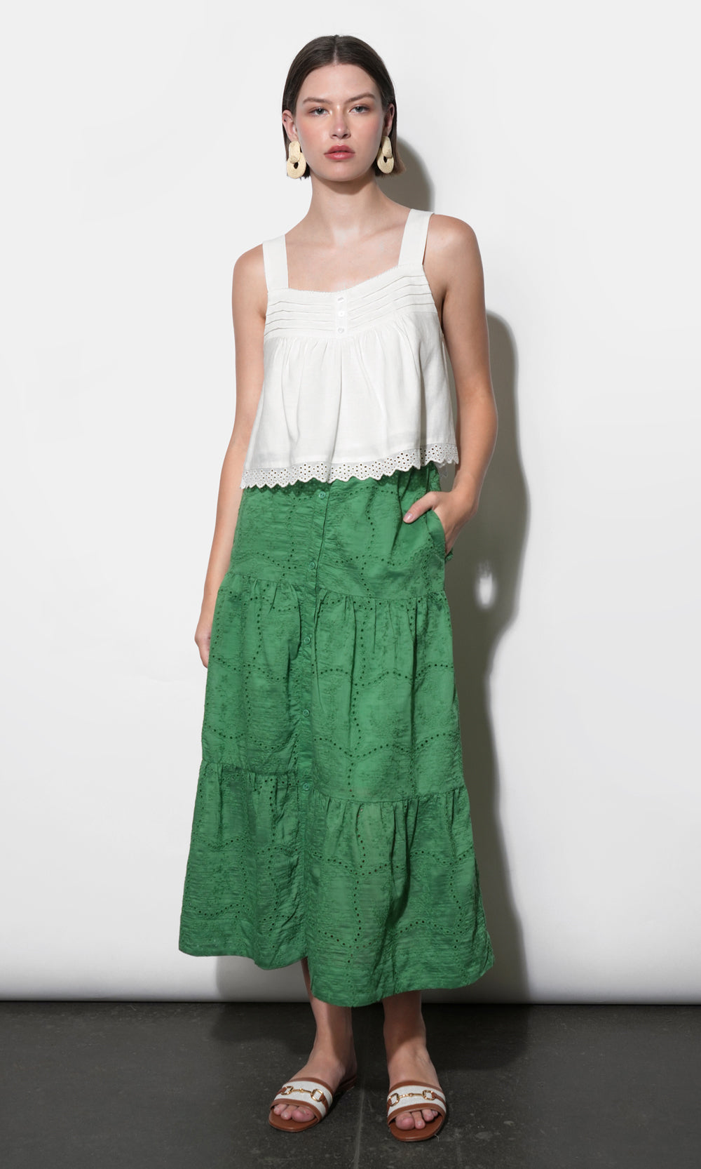 Ulyssa Button Front Embroidered Midi Skirt