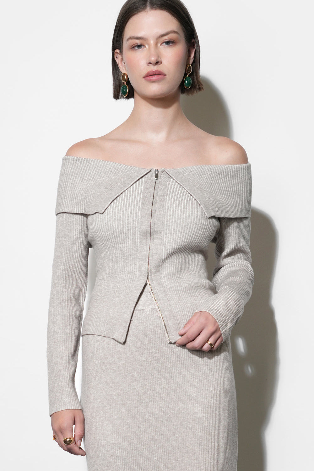 Hazel Off Shoulder Zip up Knit Top